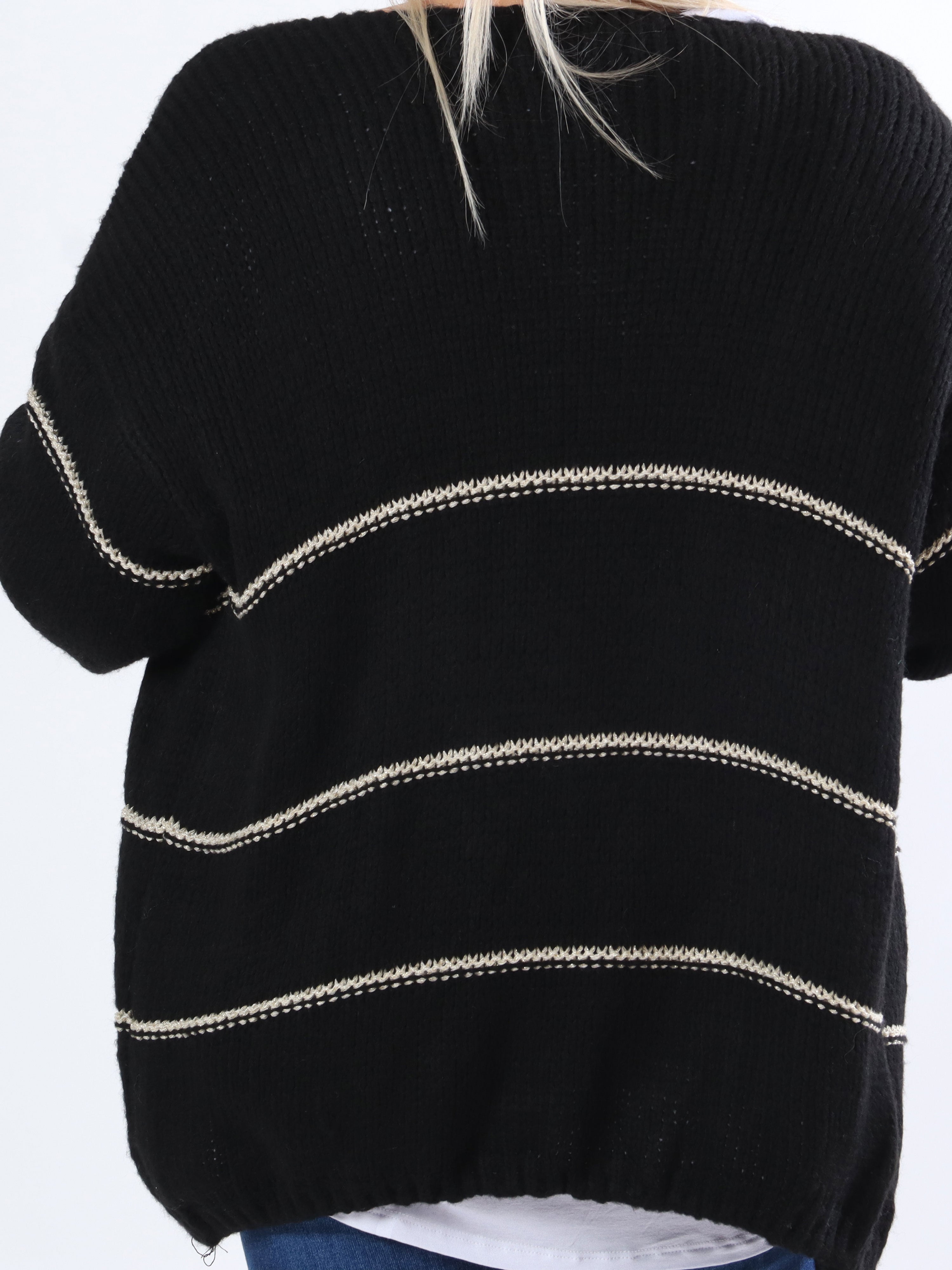 Yanira - Stickad plus size kofta med guldfärgade ränder - Beige